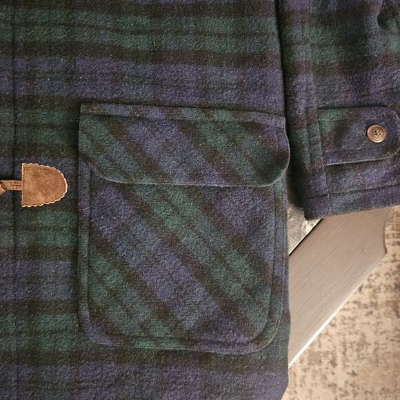 LL Bean Wool Duffle Coat Toggle Hooded Vintage Chore Navy Plaid USA Mens Tall L - Picture 3 of 7